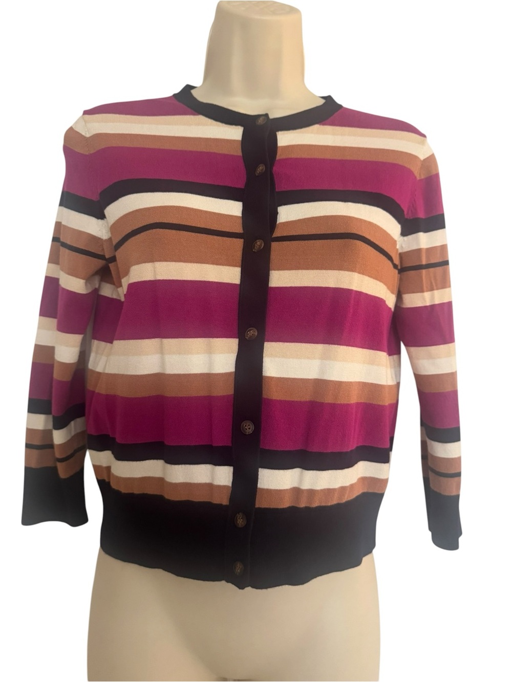 Ann Taylor Striped Button-Front Cardigan - Magenta, White, Tan, Black Sz Small